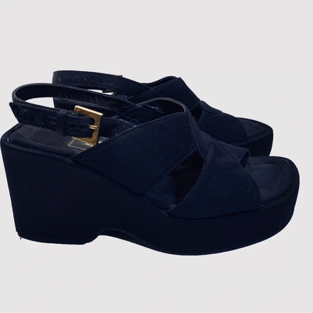 FENDI VINTAGE Y2K BLACK PLATFORM SANDALS WEDGE SLIP ON SHOE SANDAL